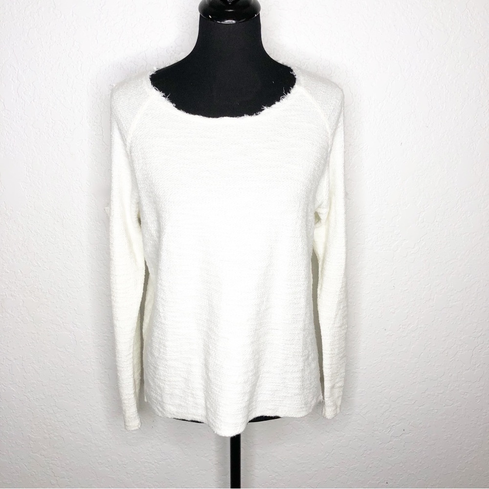 Nation LTD cream raw edge cold shoulder textured knit top
